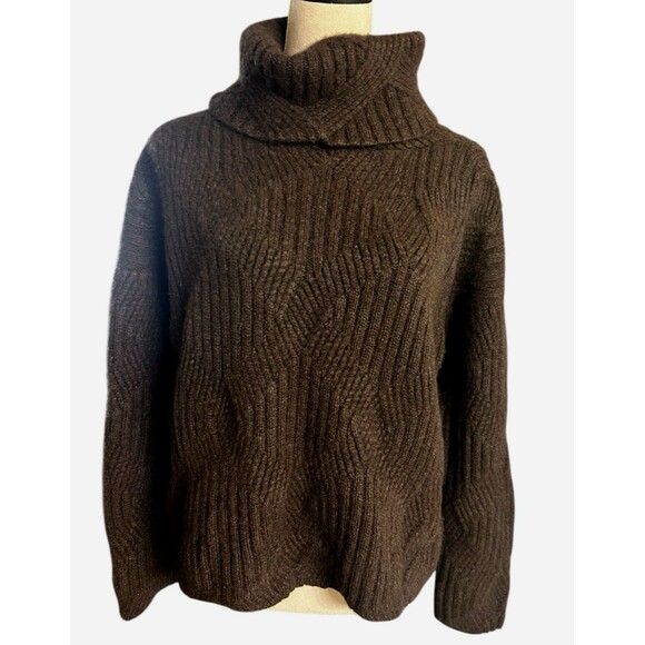 TSE 100% Pure Cashmere Womens Sz M Chunky Cable Kbit Cowl Neck Brown  Sweater - Picture 1 of 8